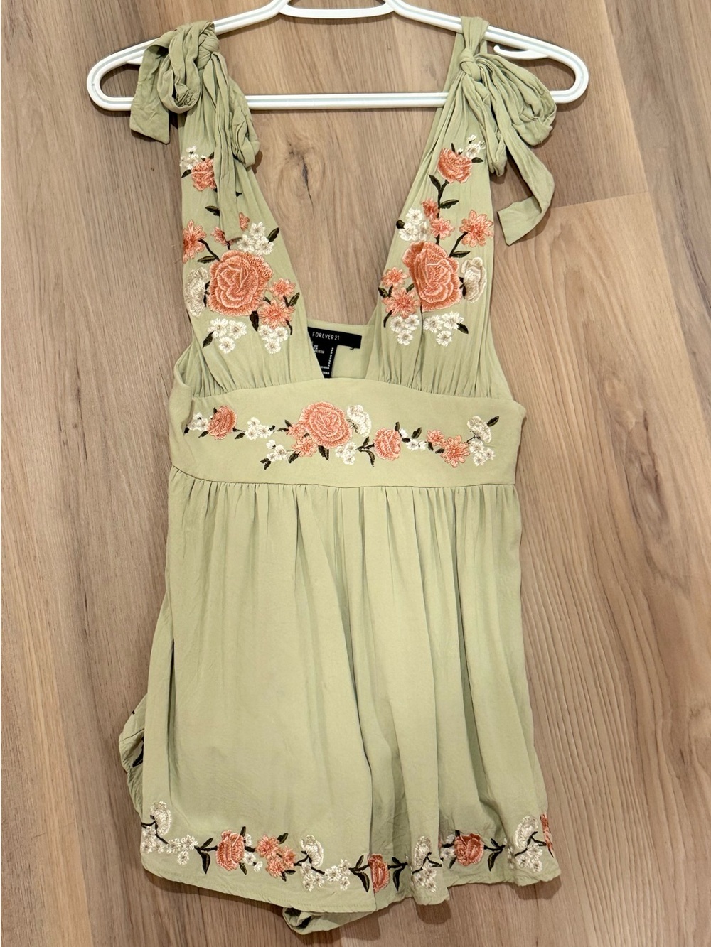 Embroidered Sage Green Women's Tie-Shoulder Romper